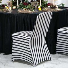 Spandex Chair Cover with Foot Pockets for Banquet Chairs Black/White Striped - Durable Stretch Fitted Slipcover for Weddings & Gatherings