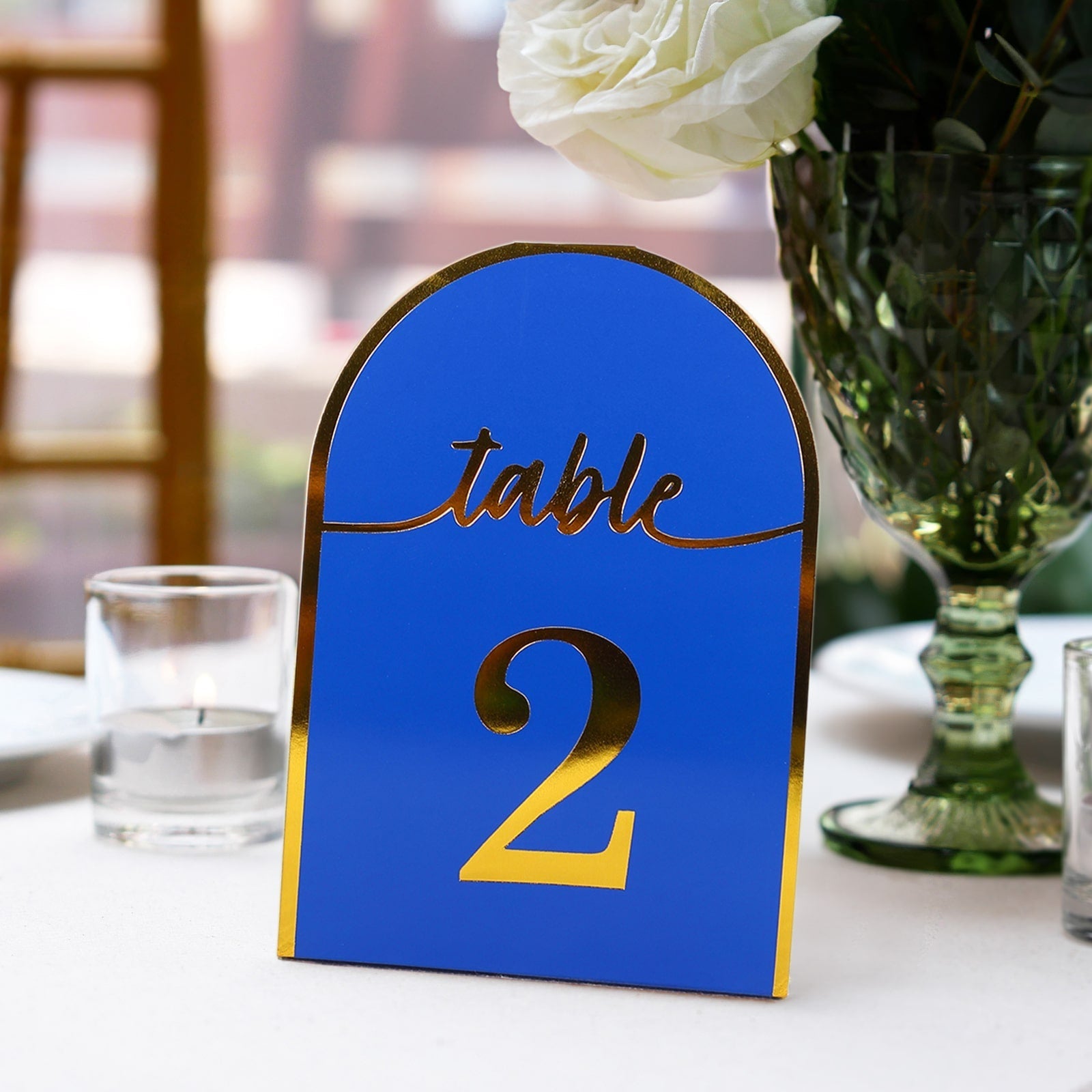 25-Pack 7" Disposable Table Numbers, Royal Blue Free Standing Double Sided Table Number Place Cards with Metallic Gold Foil Numbers 1-25