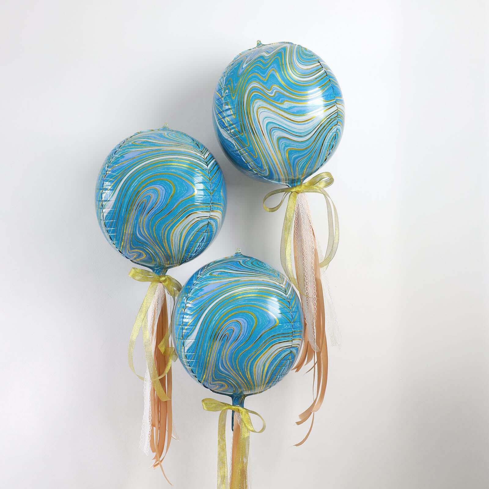 3 Pack 13" 4D Blue Gold Marble Sphere Foil Helium or Air Balloons