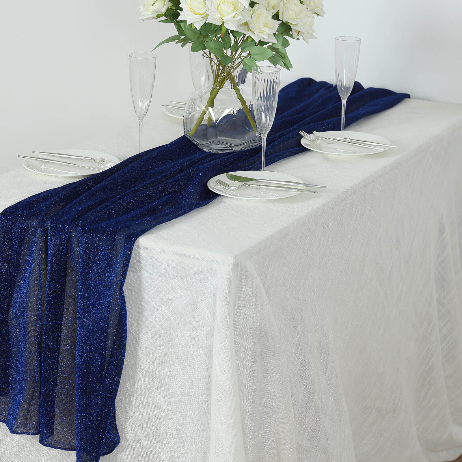 Glitter Gauze 27"x120" Table Runner Royal Blue - Sparkling Reusable Sheer Table Linen