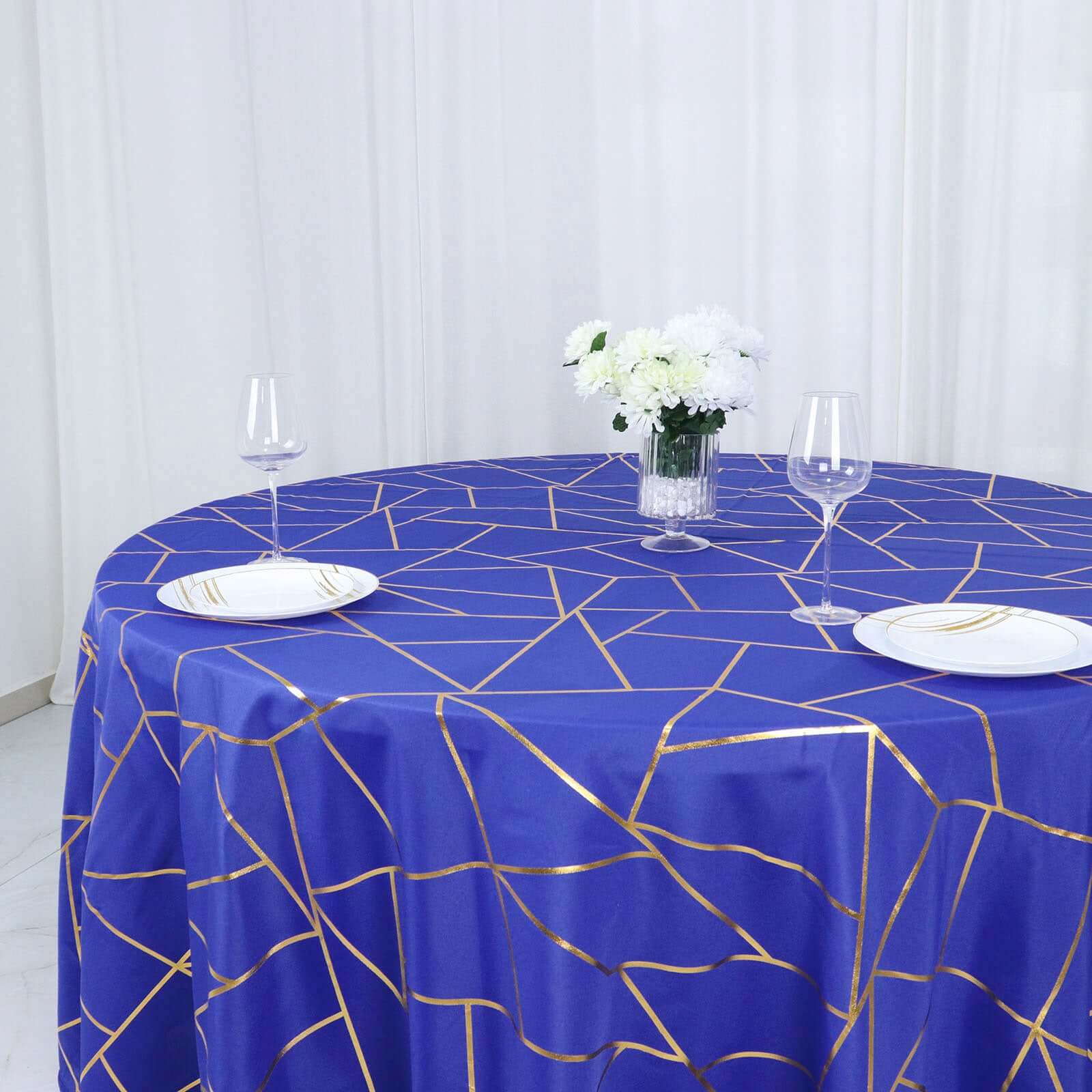 Polyester 120" Round Tablecloth Royal Blue with Gold Foil Geometric Pattern Wrinkle-Resistant Seamless Table Cover