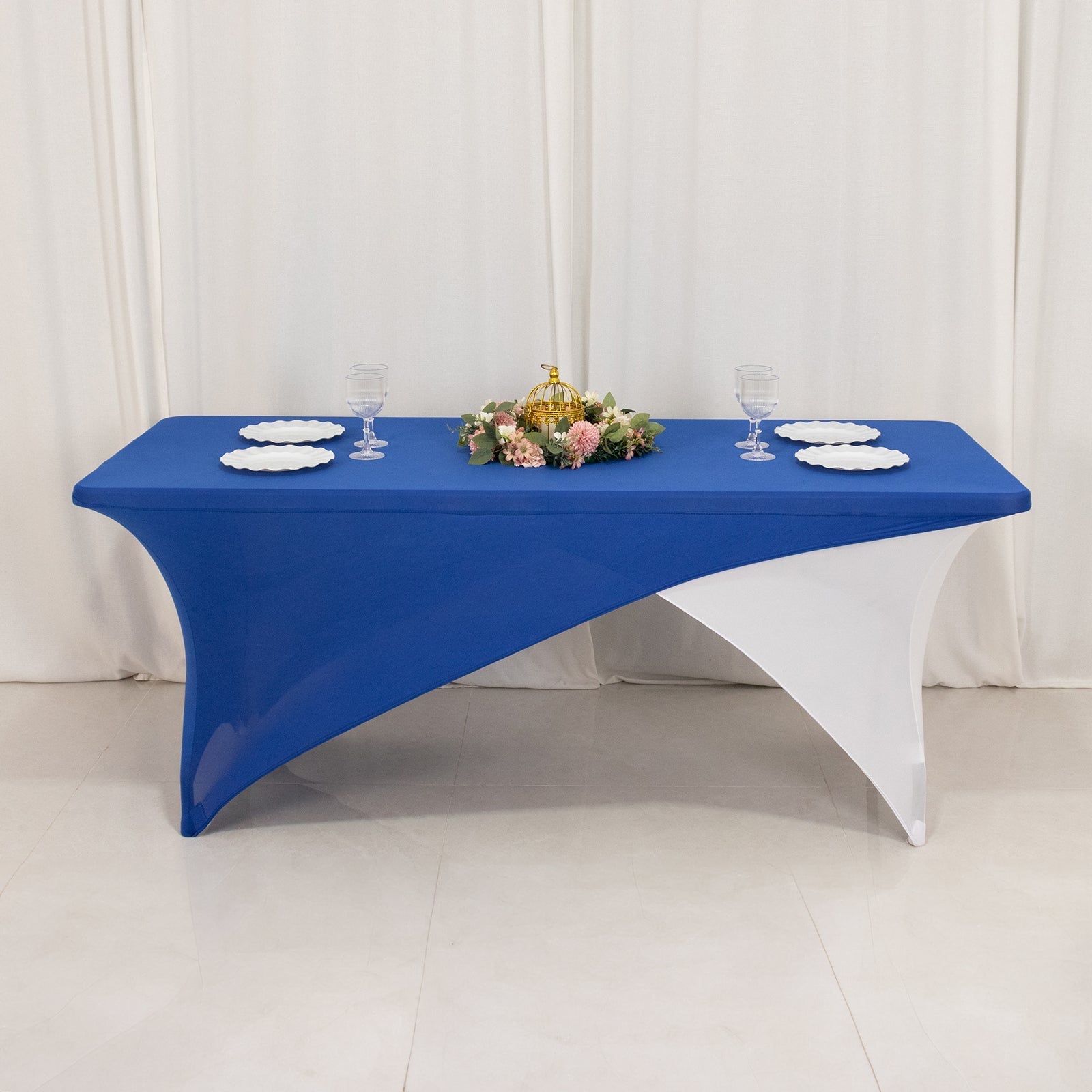 Stretch Spandex 72"x30" Rectangle Table Cover Royal Blue/White Cross Over Design - Two-Piece Fitted Tablecloth with Elastic Foot Pockets