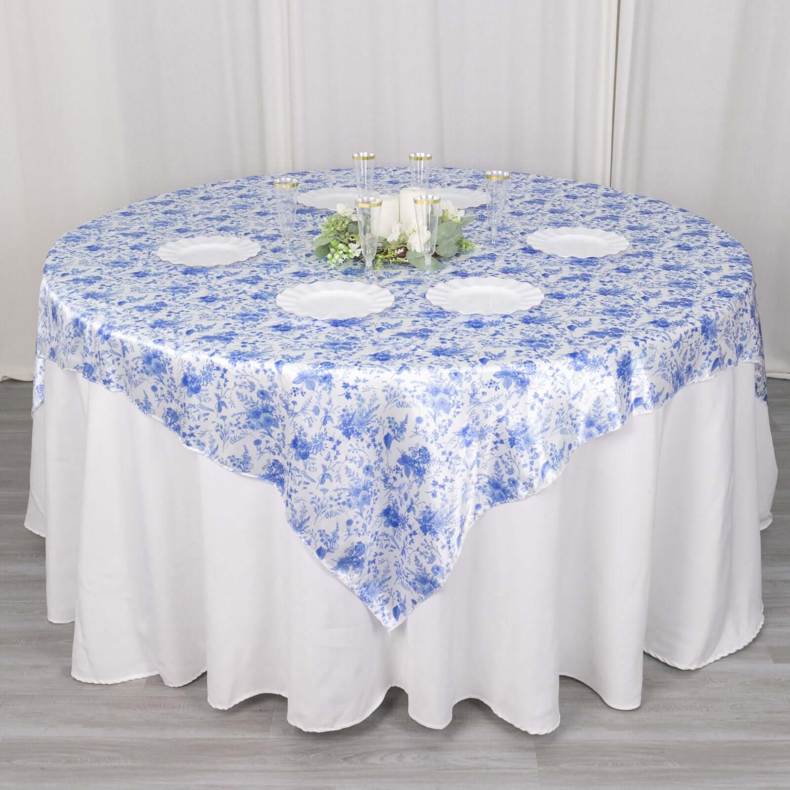 Satin 72"x72" Table Overlay Square Tablecloth White Blue - French Toile Floral Design for Stylish Celebrations