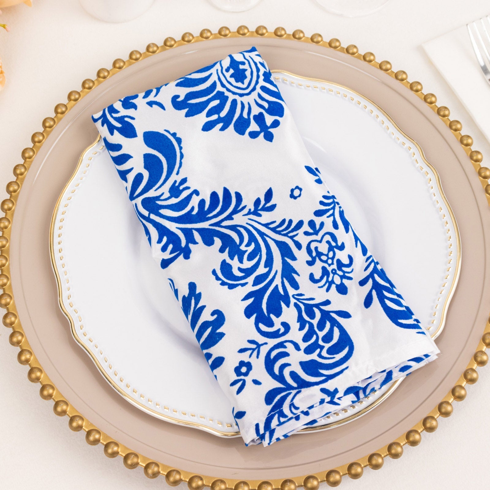 5 Pack Taffeta 20"x20" Napkins Royal Blue/White Damask Flocking Design - Decorative Dinner Napkins