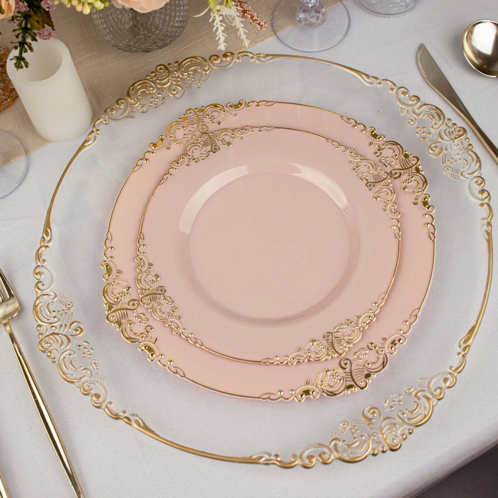 10-Pack Plastic 8" Round Dessert Plates in Blush with Gold Leaf Embossed Rim - Disposable Vintage Baroque Style Salad Plates