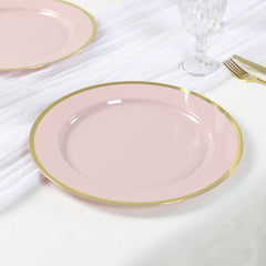 10-Pack Economy Plastic Round Charger Plates 12" in Blush with Wide Gold Rim, Decorative Dinner Party Serving Plates