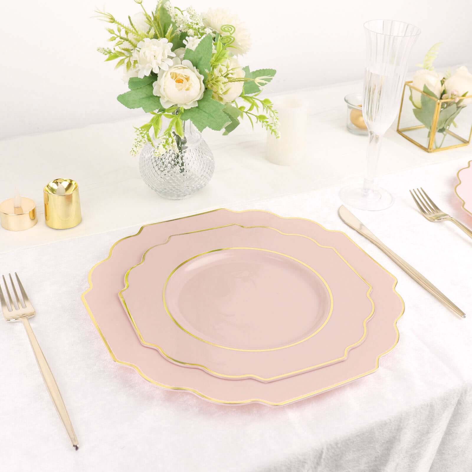 10-Pack Plastic Dinner Plates in Blush Baroque Design with Scalloped Gold Rim - Heavy Duty Disposable Party Plates 11"