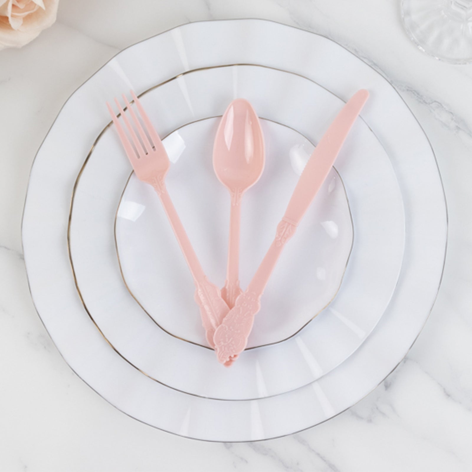 72 Pcs Plastic Silverware Set in Baroque Style Blush - Heavy Duty Disposable Knife, Fork, and Spoon Set