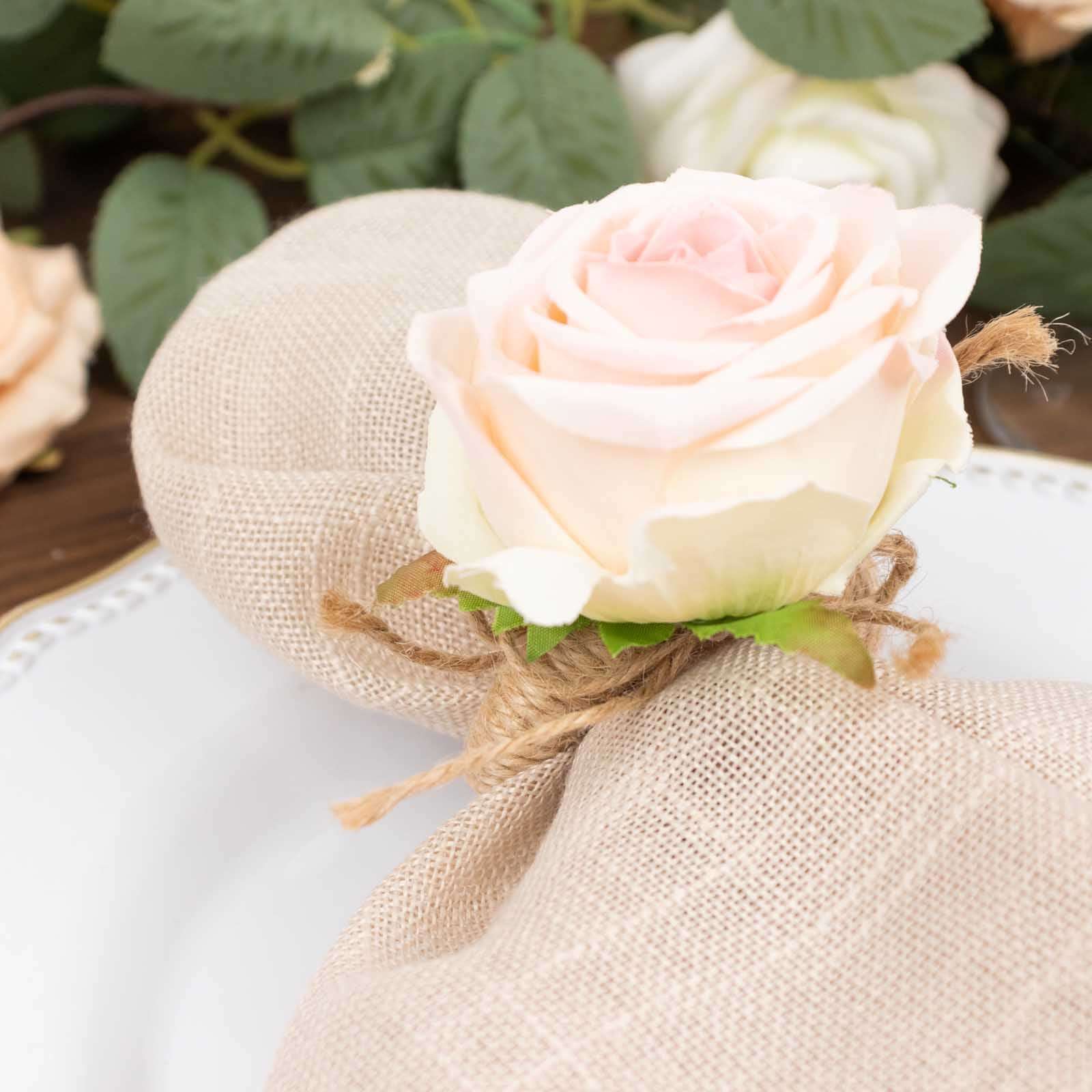 4 Pack Blush Artificial Rose Flower Wooden Napkin Holders, Farmhouse Country Floral Napkin Rings - 4"
