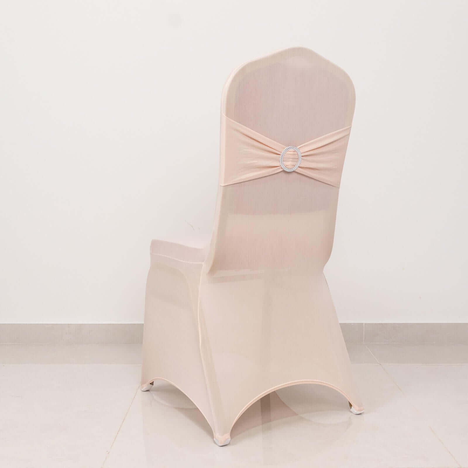 Spandex Chair Cover with Silver Rhinestone Buckled Sash Band Blush - Stretch Fitted Slipcover