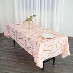 Polyester 60"x102" Rectangle Tablecloth Blush with Gold Foil Geometric Pattern - Wrinkle-Resistant & Durable Table Cover