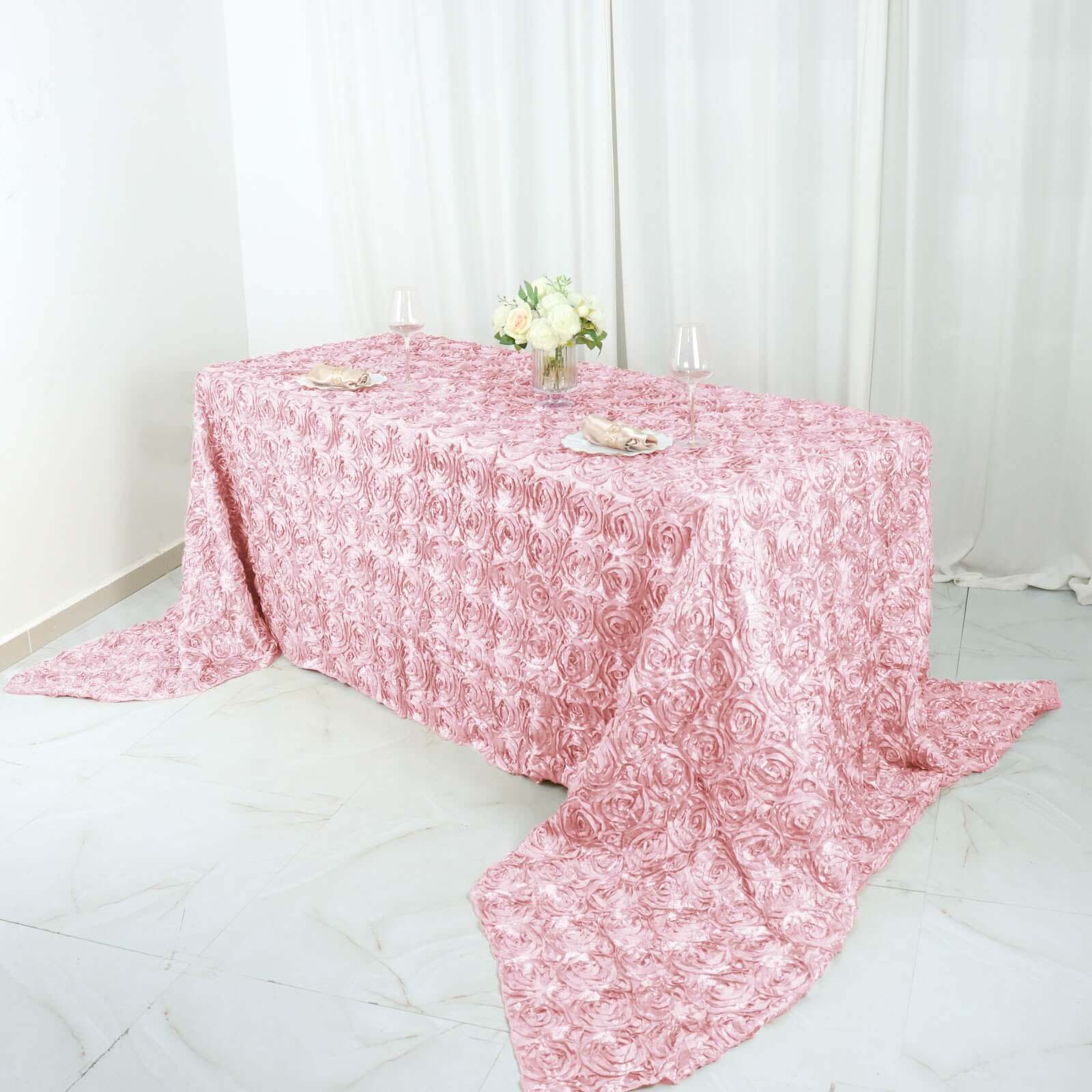 Satin 90"x156" Rectangle Tablecloth Blush - Grandiose 3D Rosette Table Cover with Seamless Finish