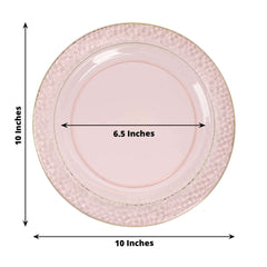 10-Pack Plastic 10" Round Dinner Plates in Blush Hammered Design with Gold Rim - Disposable Party Plates for Chic Banquets & Special Occasions