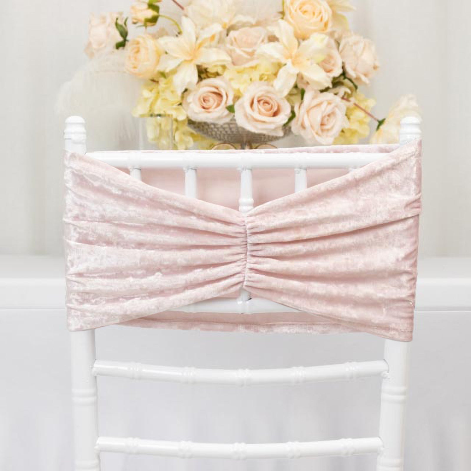 5 Pack Crushed Velvet Chair Bands Blush Wide Ruffle Style - Textured Chair Sashes for Stunning Event Decor - 8"x15"