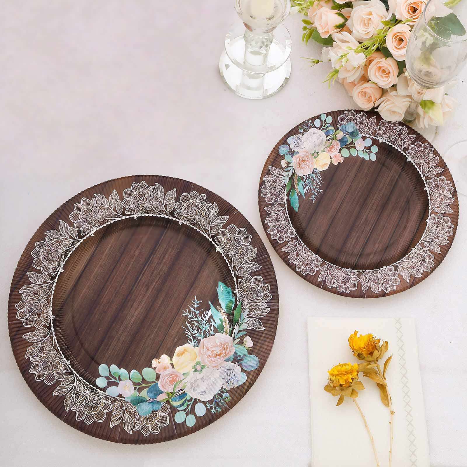25-Pack Paper 10" Round Dinner Plates in Brown Wood Print with Floral Lace Rim - Disposable Party Plates for Farmhouse Weddings & Rustic Themes