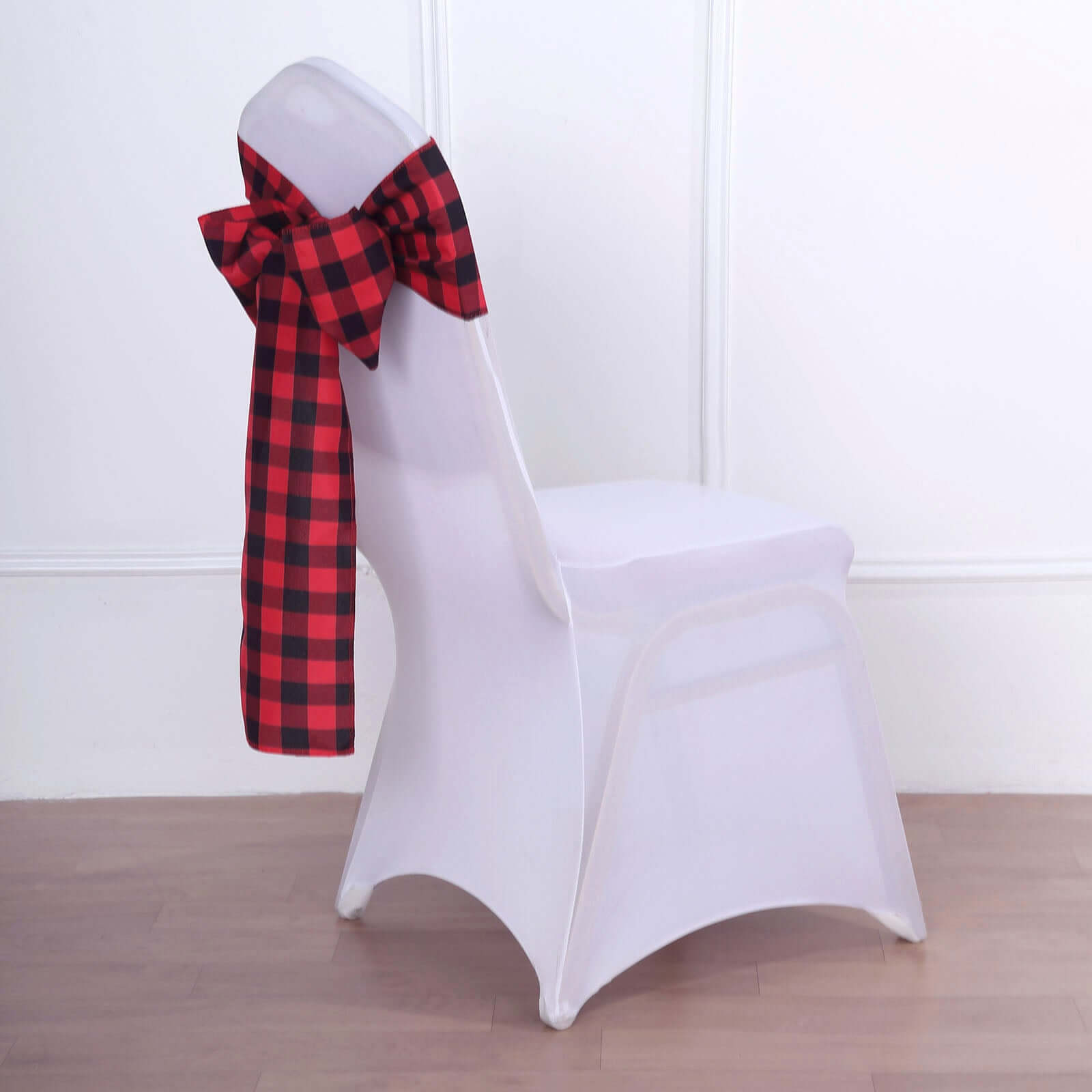 5 Pack Polyester Chair Sashes Black/Red Buffalo Plaid - Durable & Reusable Chair Bows 6"x108"
