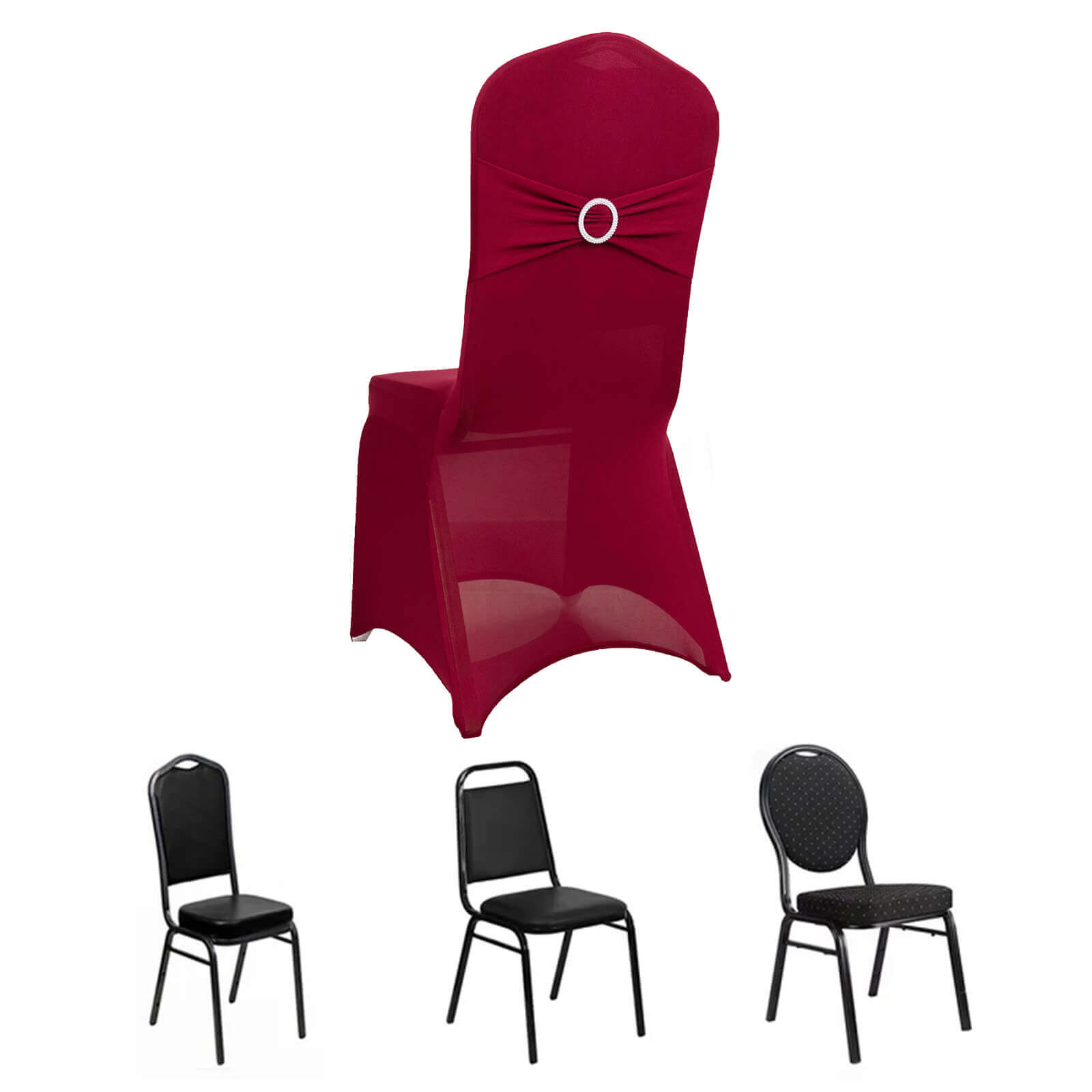 Spandex Chair Cover with Silver Rhinestone Buckled Sash Band Burgundy - Stretch Fitted Slipcover