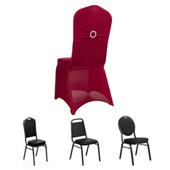 Spandex Chair Cover with Silver Rhinestone Buckled Sash Band Burgundy - Stretch Fitted Slipcover