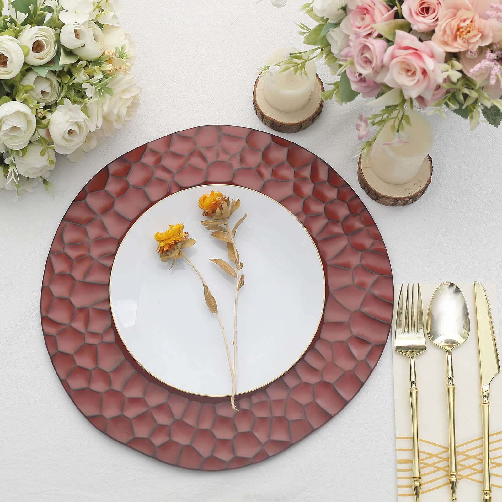 6-Pack Round Charger Plates 13" in Burgundy with Hammered Rim, Matte Finish Modern Dinner Charger Tableware