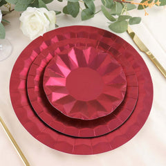 25-Pack Paper 12" Round Charger Plates in Burgundy with Geometric Prism Design - Disposable 400GSM Serving Trays