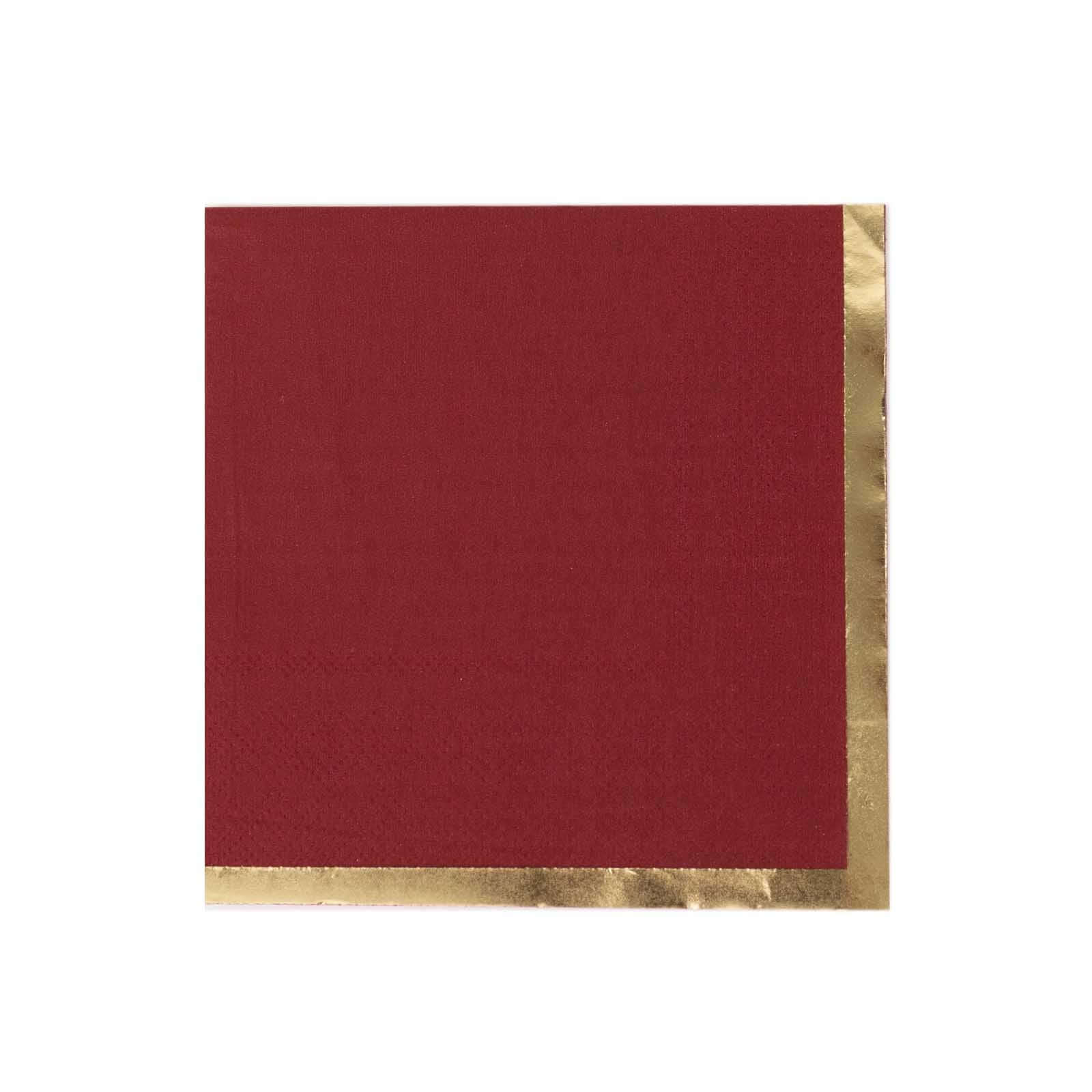 50-Pack Paper Beverage Napkins Burgundy with Gold Foil Edge - 2 Ply Disposable Soft 18GSM Cocktail Napkins 5"x5"