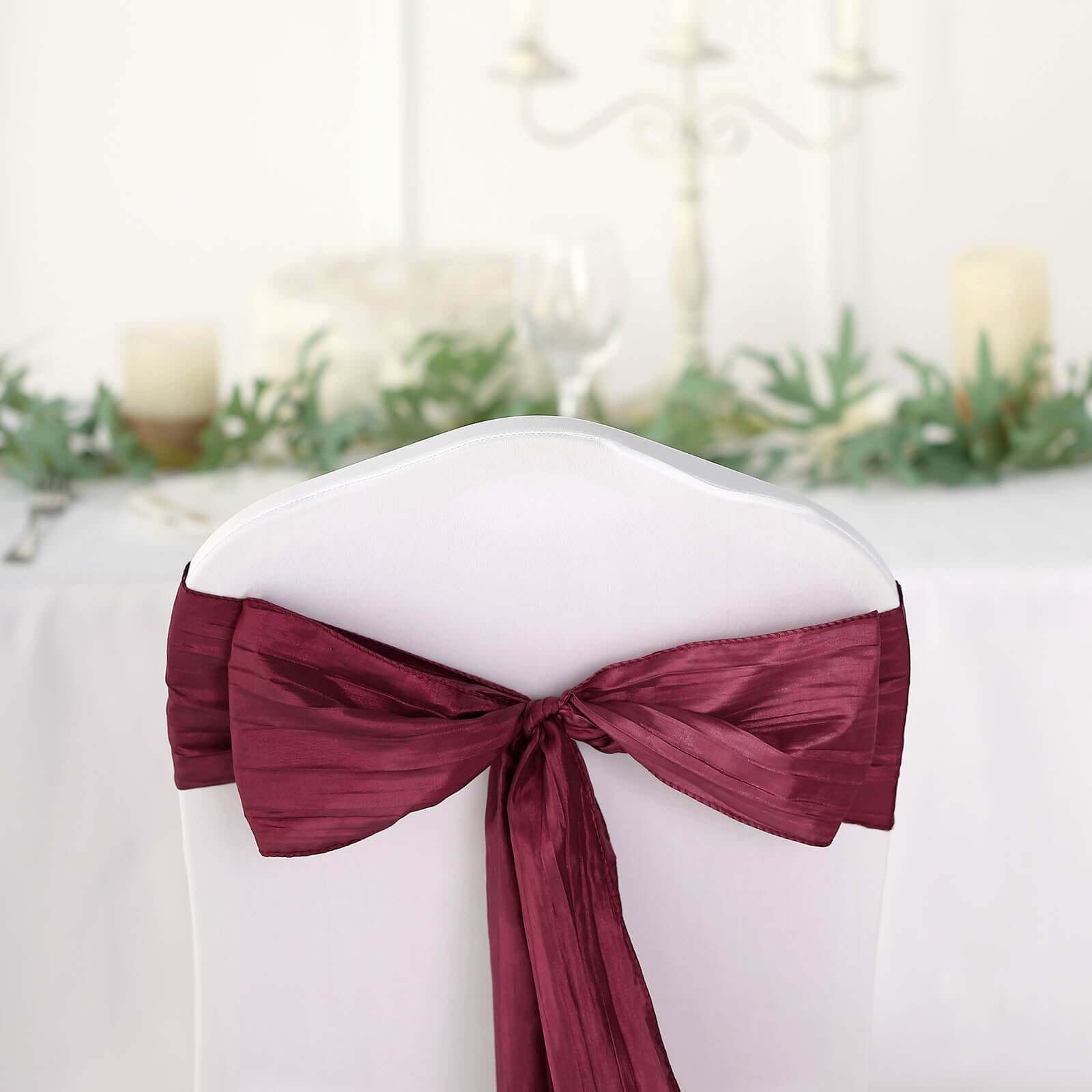 5 Pack Taffeta 6"x106" Chair Sashes Burgundy Accordion Crinkle Texture - Stylish Decor for Weddings & Gatherings