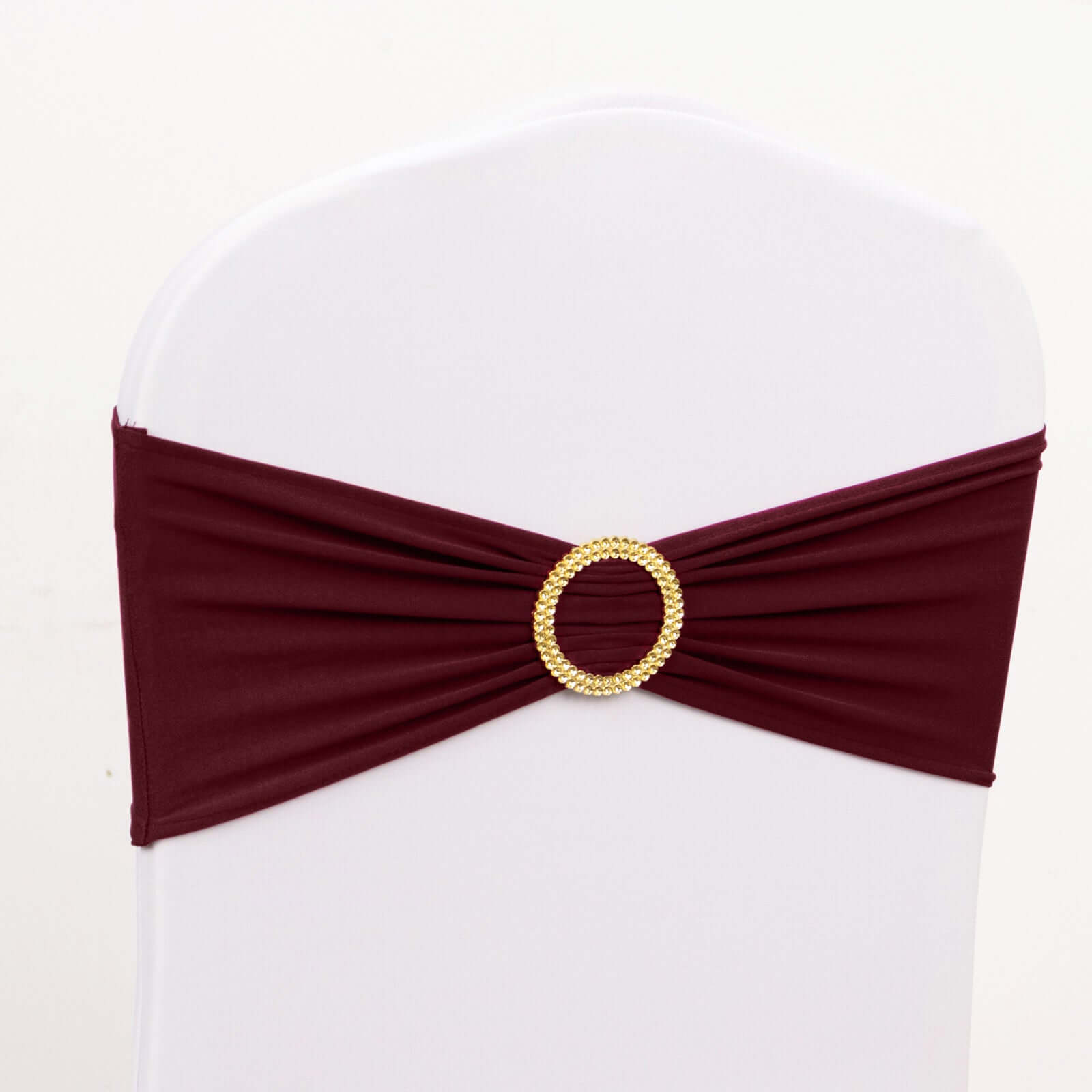 5 Pack Spandex Chair Sashes Burgundy with Gold Rhinestone Buckles - Reusable Four-Way Stretch Sash Bands 5"x14"