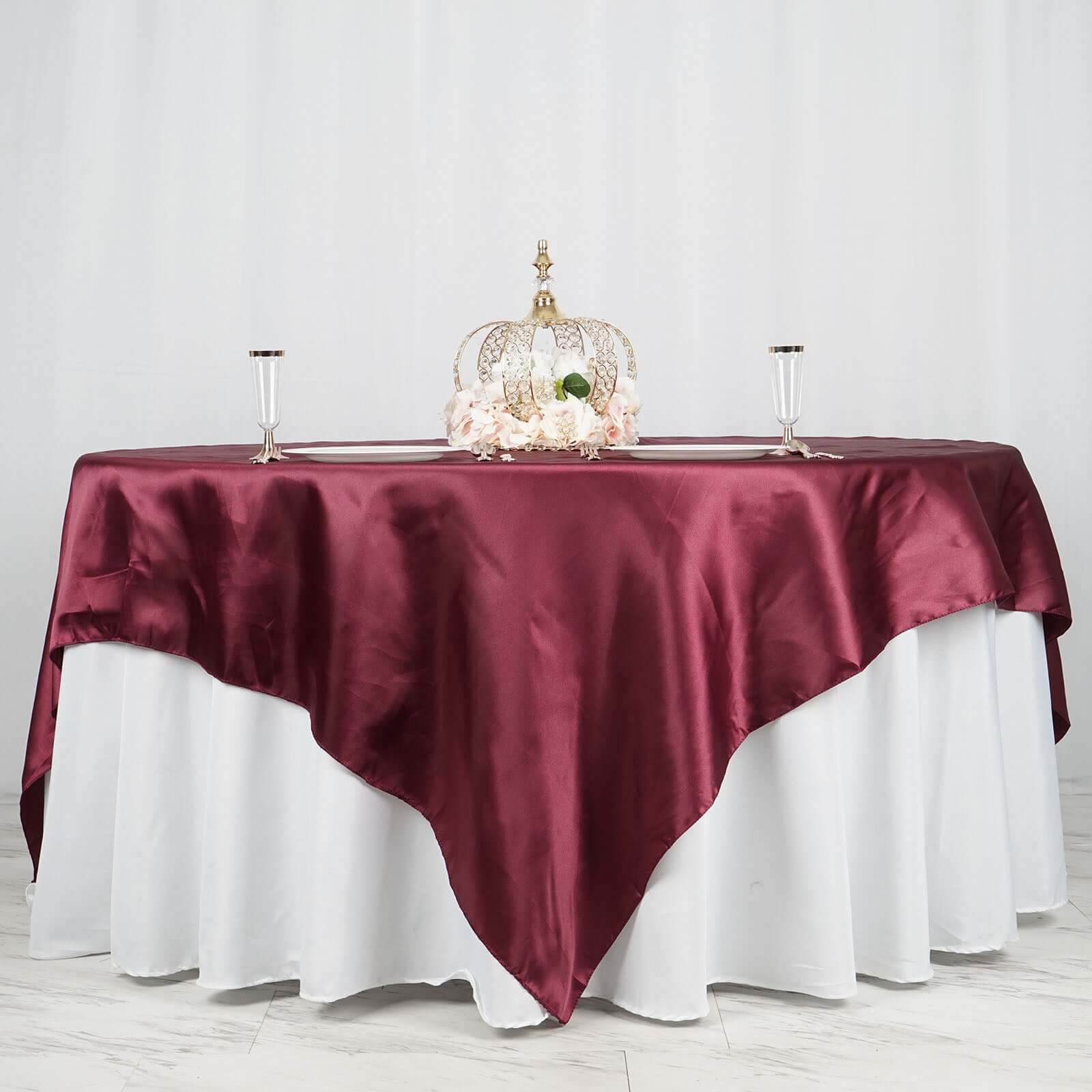 Satin 90"x90" Table Overlay Square Tablecloth Burgundy - Smooth Finish Table Topper