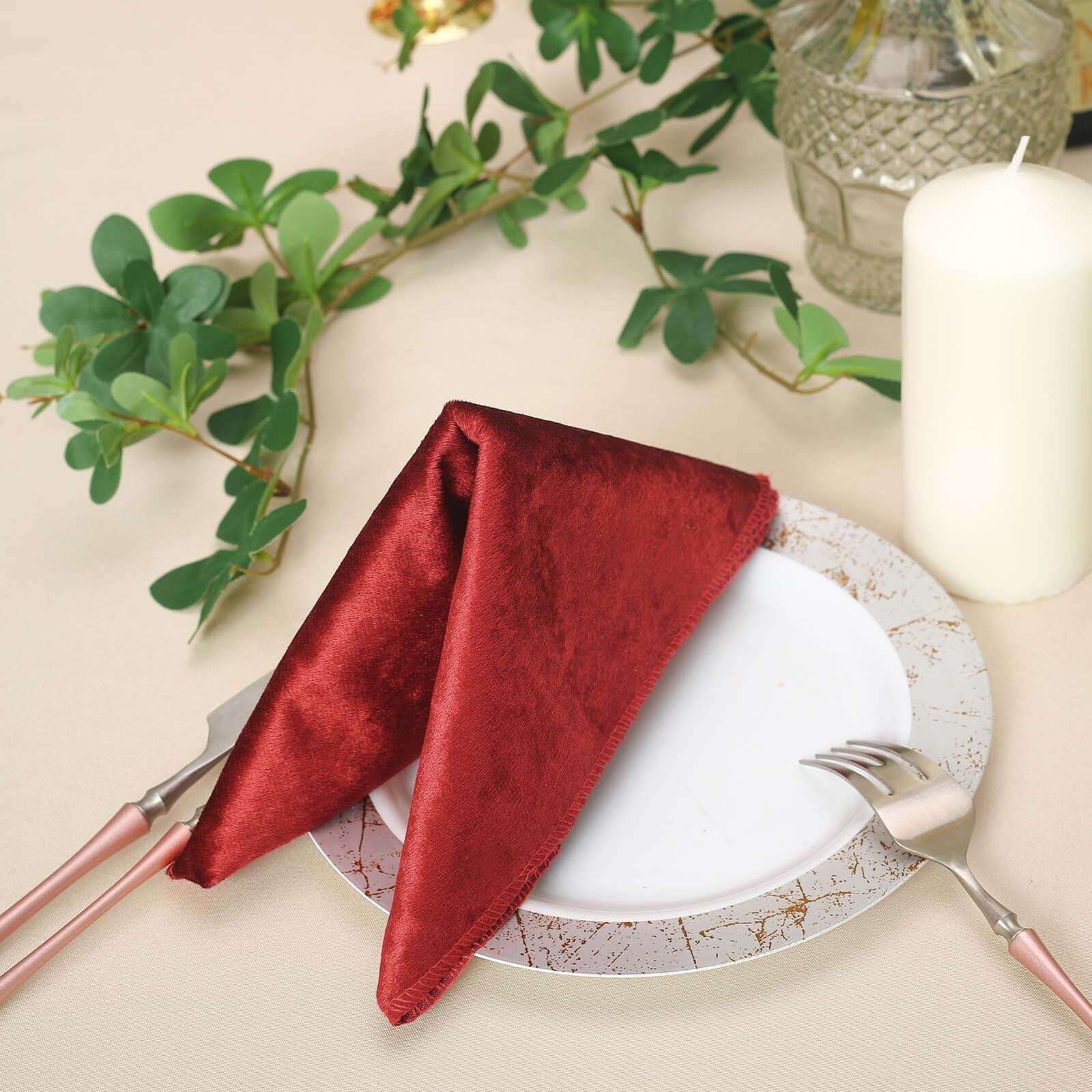 5 Pack Premium Velvet 20"x20" Napkins Burgundy - Soft Sheen Finish Cloth Napkins