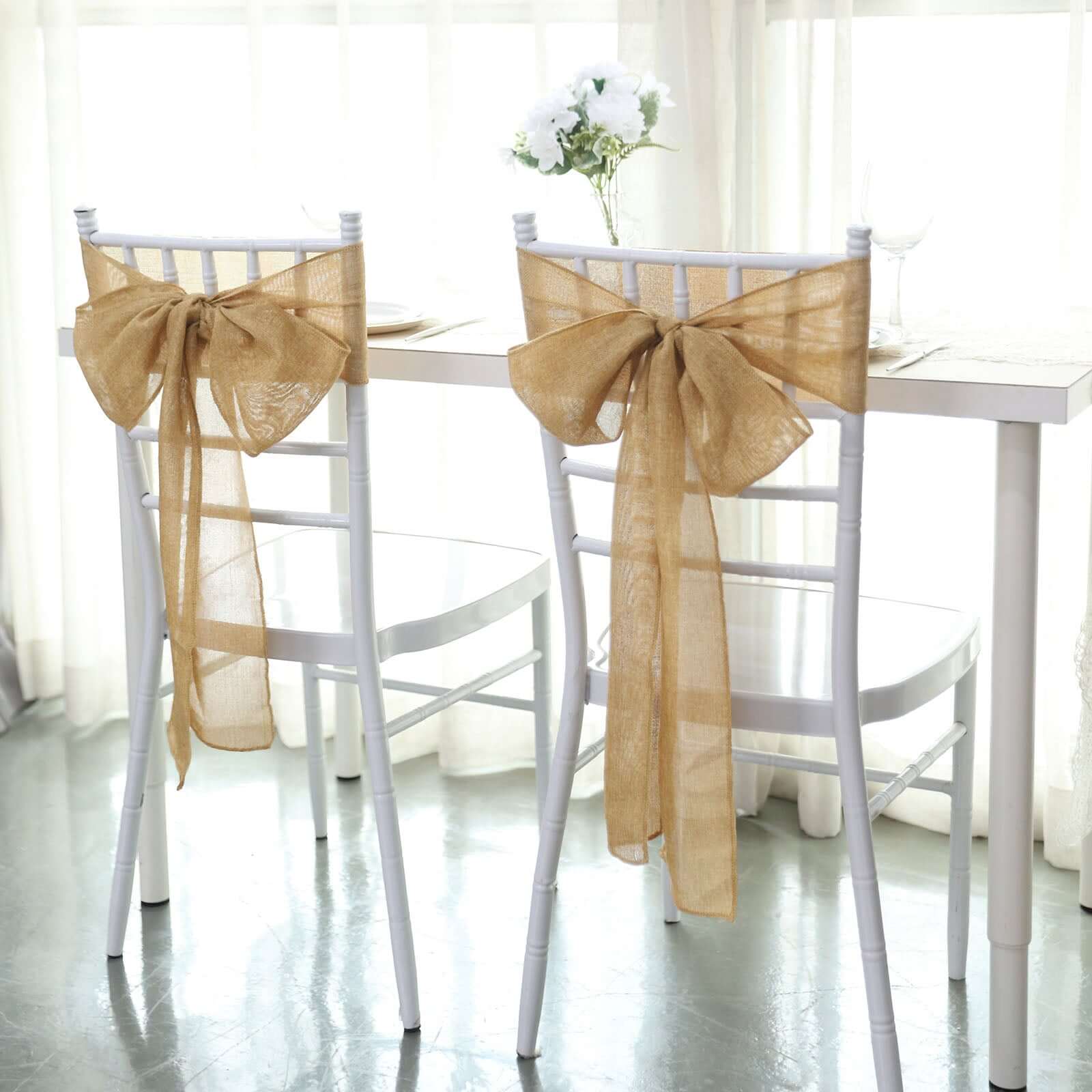 5 Pack Jute Faux Burlap 6"x108" Chair Sashes Gold - Boho Chic Linen Decor for Weddings & Gatherings