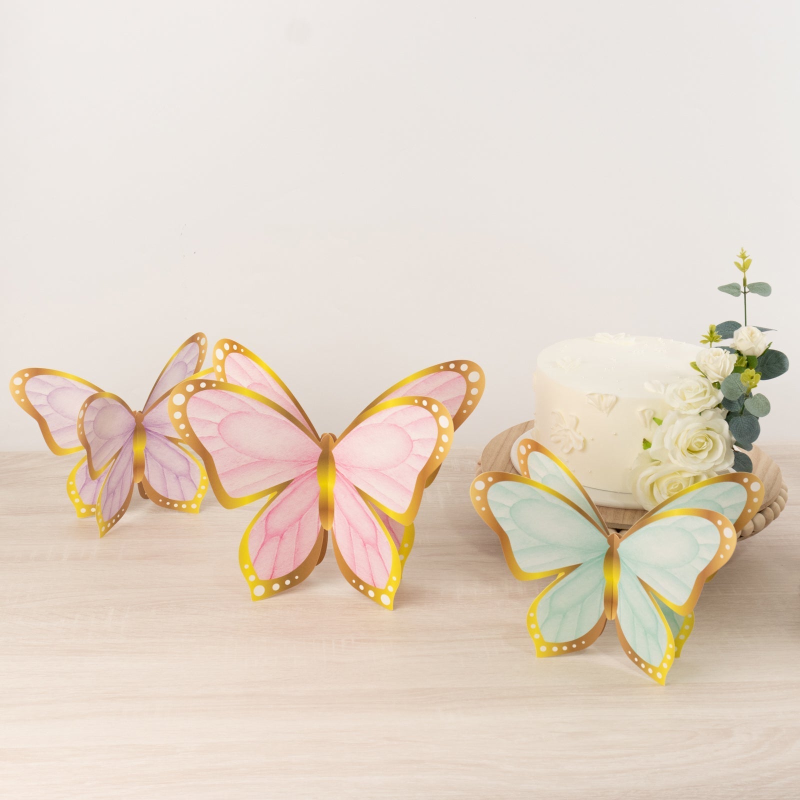 12 Pcs Cardstock Paper 3D Butterfly Table Centerpieces, Metallic Gold Foil Accents Pastel Color Party Decorations 10", 12"