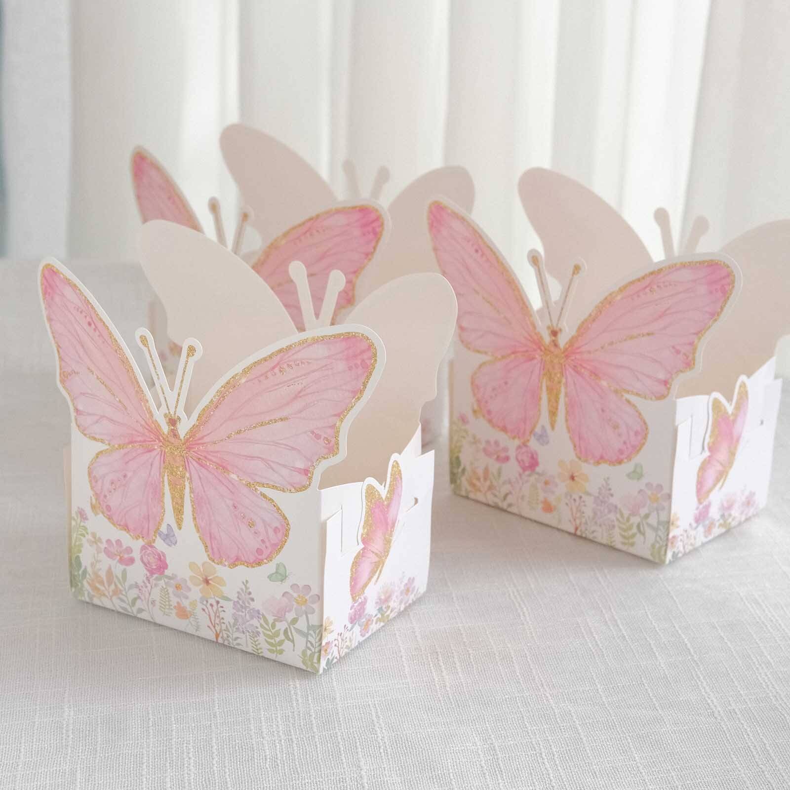 25-Pack Disposable Food Trays White/Pink Glitter Butterfly Design Cardstock - Whimsical Disposable Serving Tray Food Boats for Girls Birthday Baby Shower Party Supplies 6"x7"