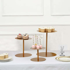 Set of 3 Metal Pedestal Cake Stands Heavy Duty Round Design Gold - Cupcake Dessert Display Props 8", 10", 12"