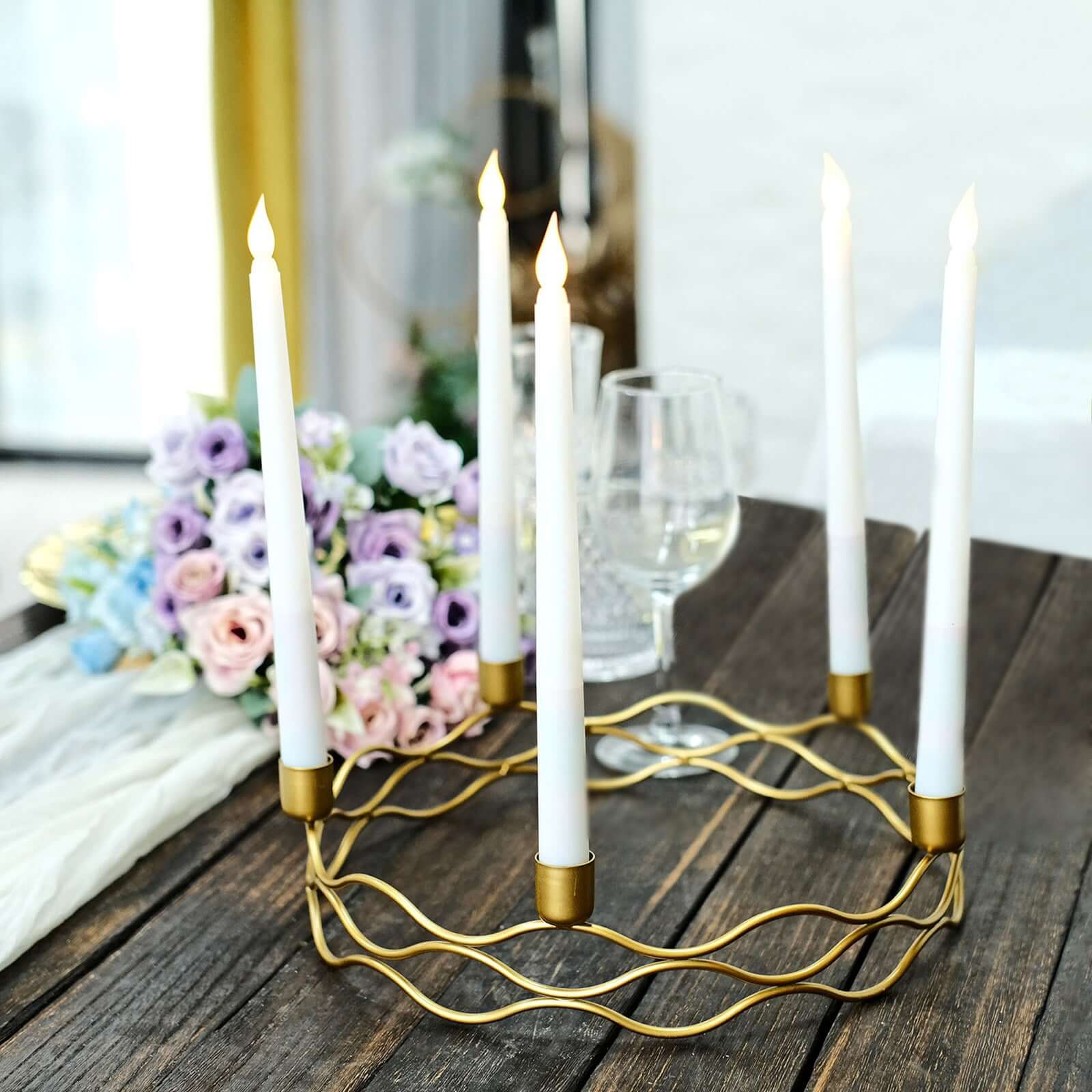 Round Wreath Taper Candelabra 5 Arm Gold Metal Decorative Centerpiece - Tabletop Candle Holder 12"