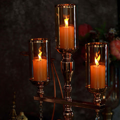 3-Arm Gold Candelabra Metal with Amber Glass Shades - Stylish Table Centerpiece for Gatherings