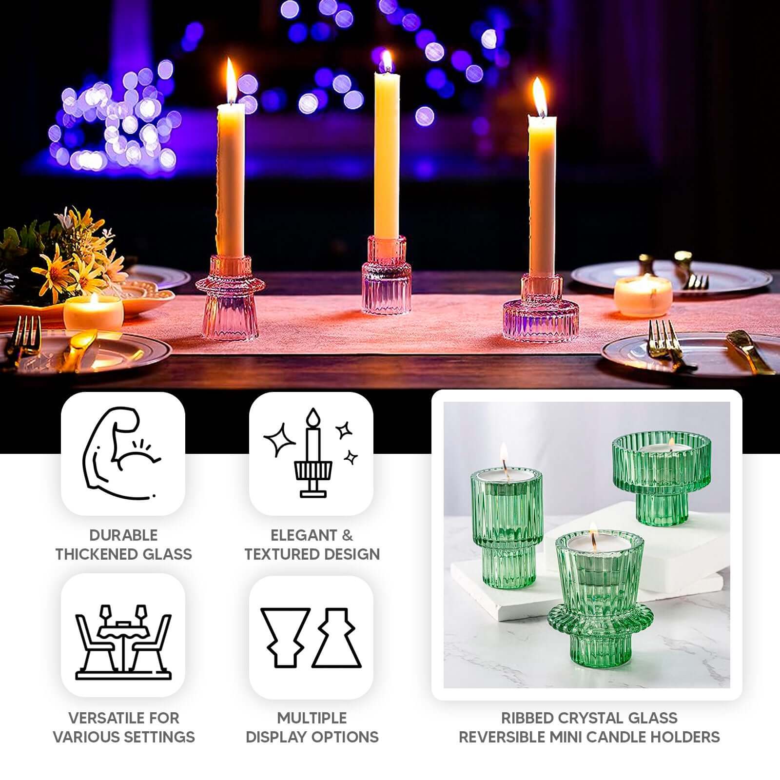 Set of 6 Glass Taper Candle Holders Ribbed Crystal Design with Gold Rim Clear - Reversible Mini Votive Tealight Stands 3"