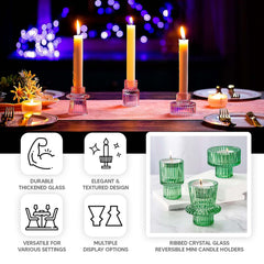 Set of 6 Glass Taper Candle Holders Ribbed Crystal Design with Gold Rim Clear - Reversible Mini Votive Tealight Stands 3"