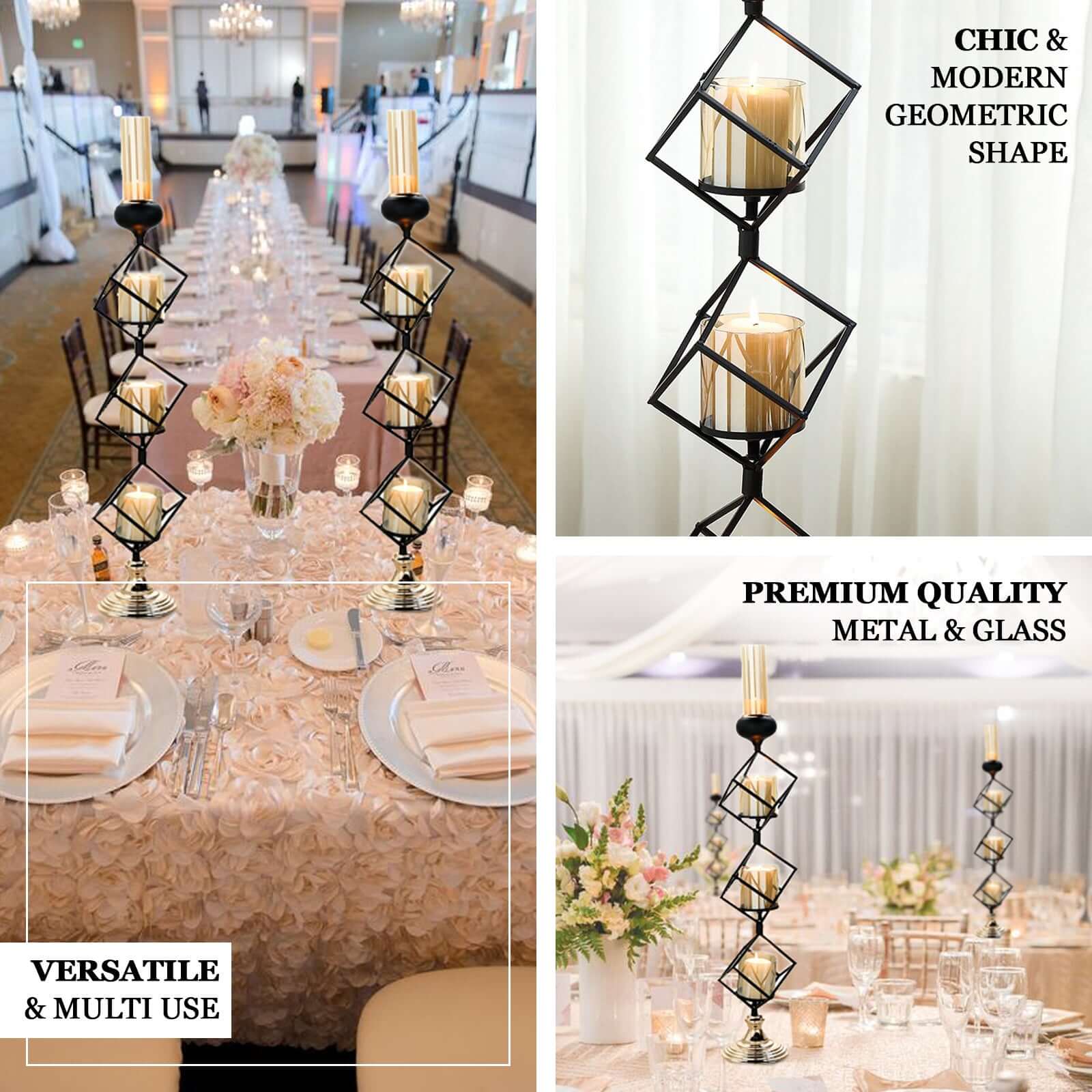 3-Tier Candle Holder Black Geometric Design with Amber Glass Votives & Gold Trim - Modern Decor for Weddings 28" Tall