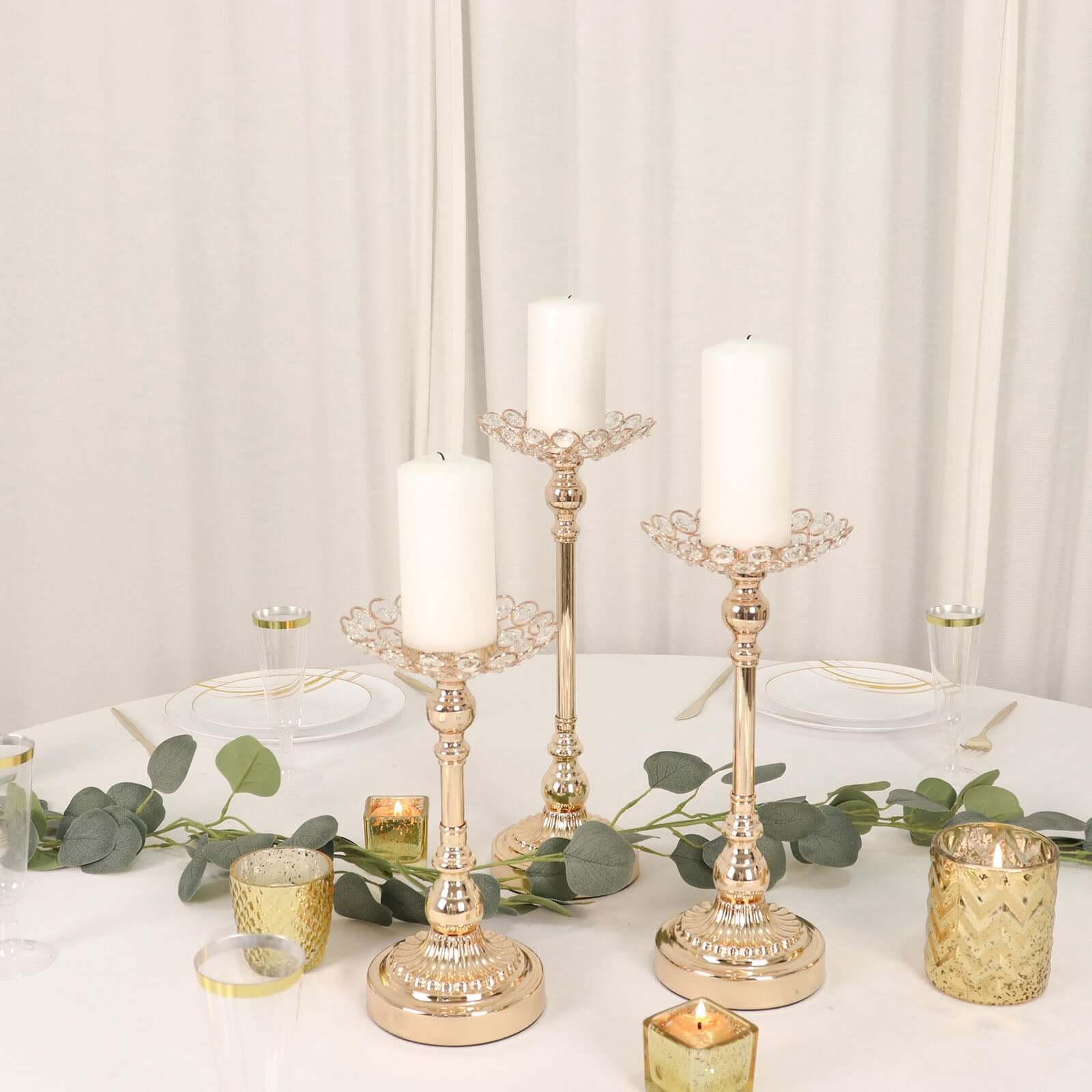 Set of 3 Metal Votive Candle Holders Crystal Beaded Design Gold - Tea Light Centerpieces 11", 13", 15"