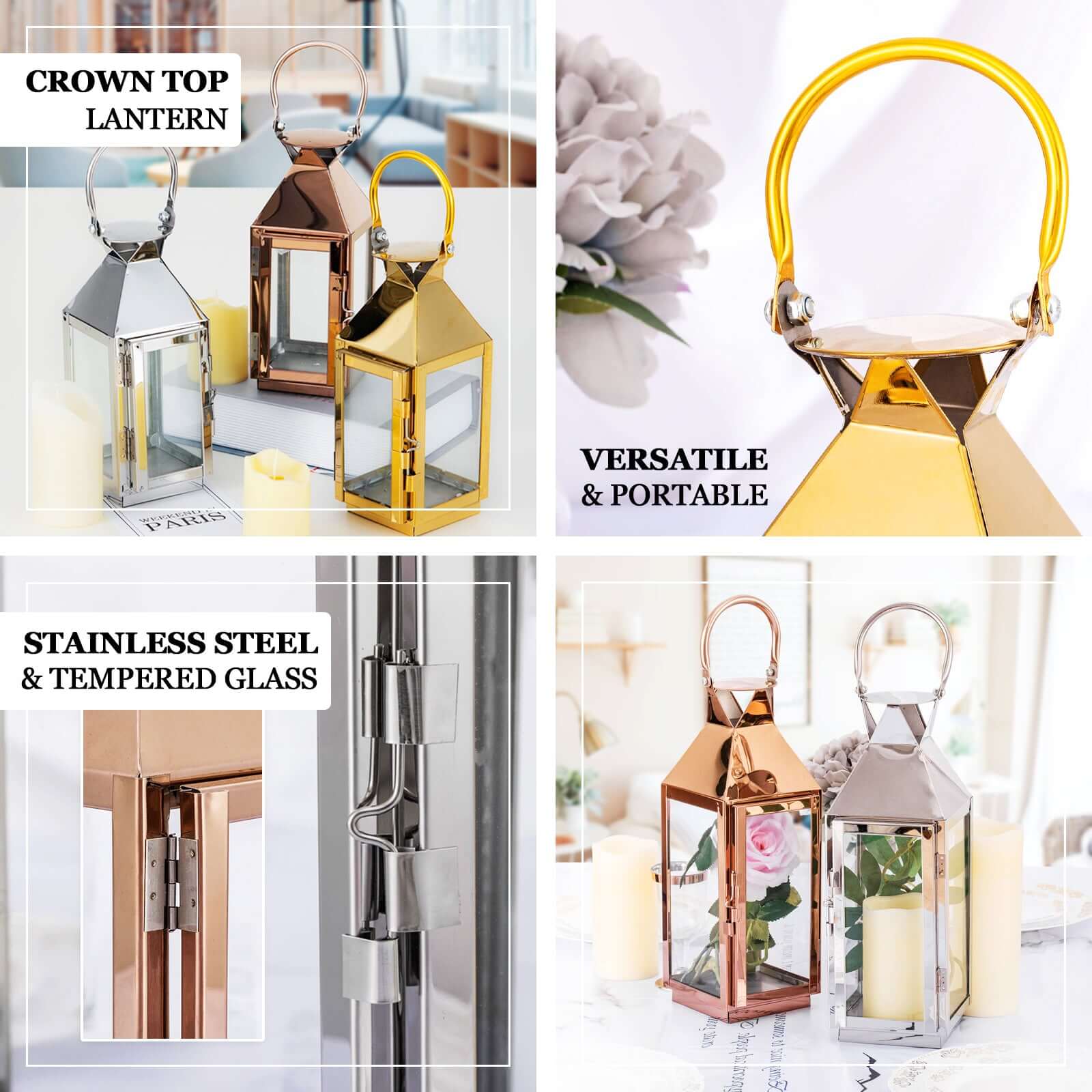 Stainless Steel Candle Lantern Crown Top Design Gold - Outdoor Metal Patio Lantern Centerpiece 8"