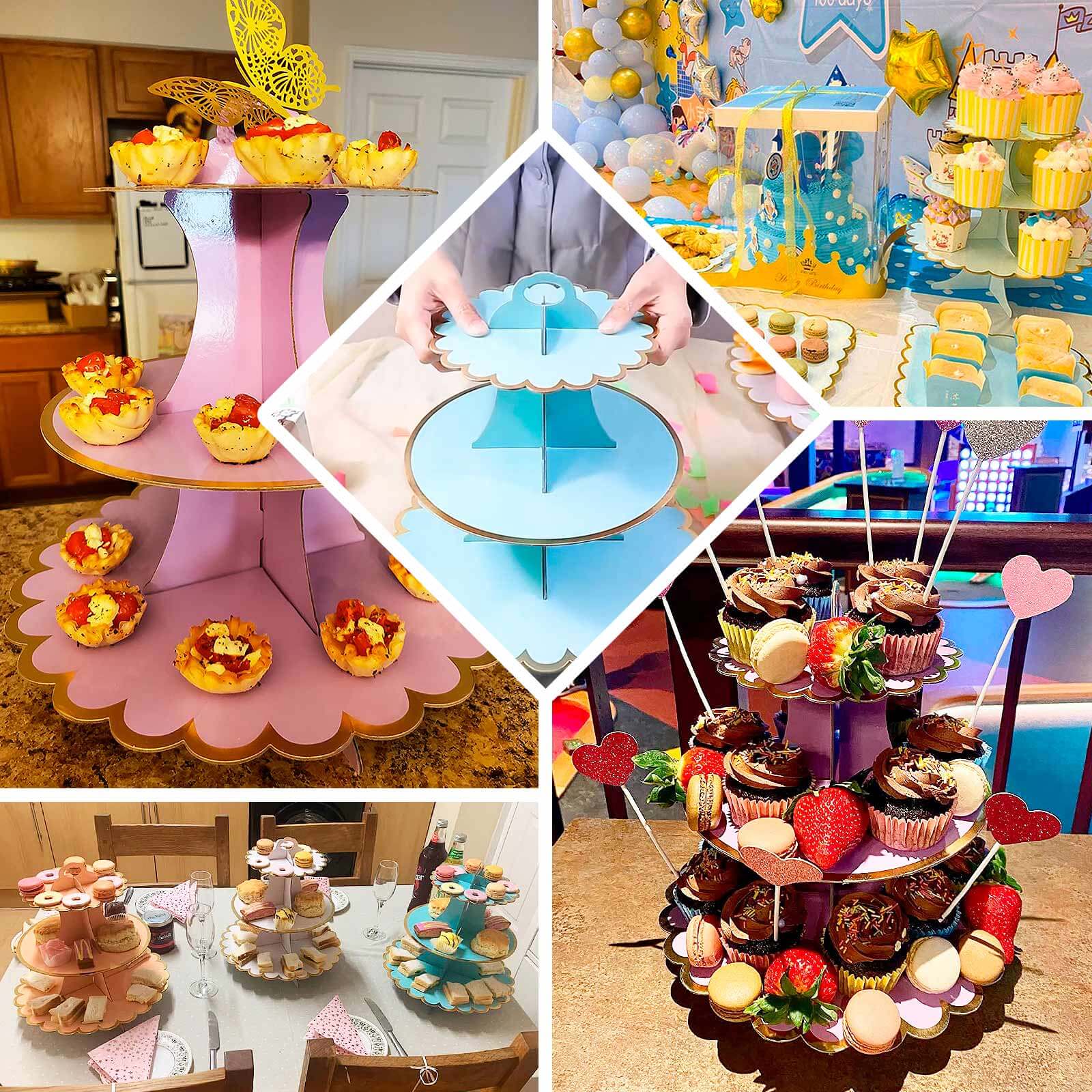 3-Tier Cardboard Cupcake Stand Light Blue - Sturdy & Collapsible Dessert Treat Tower with Gold Scalloped Rim for Baby Shower Wedding & Party Decor 13"