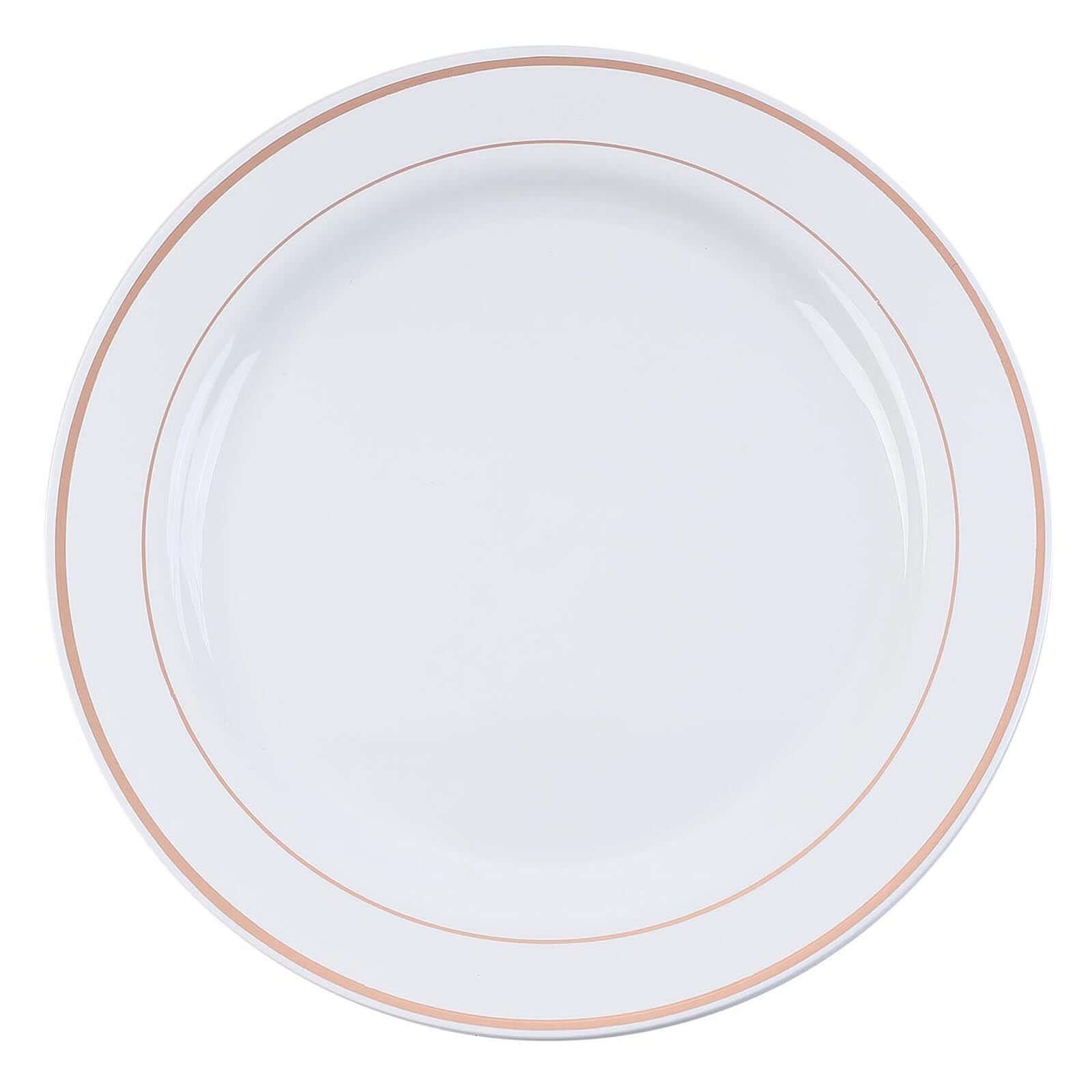 10-Pack Plastic Dinner Plates White with Très Chic Rose Gold Rim - Perfect Disposable Party Plates 10"