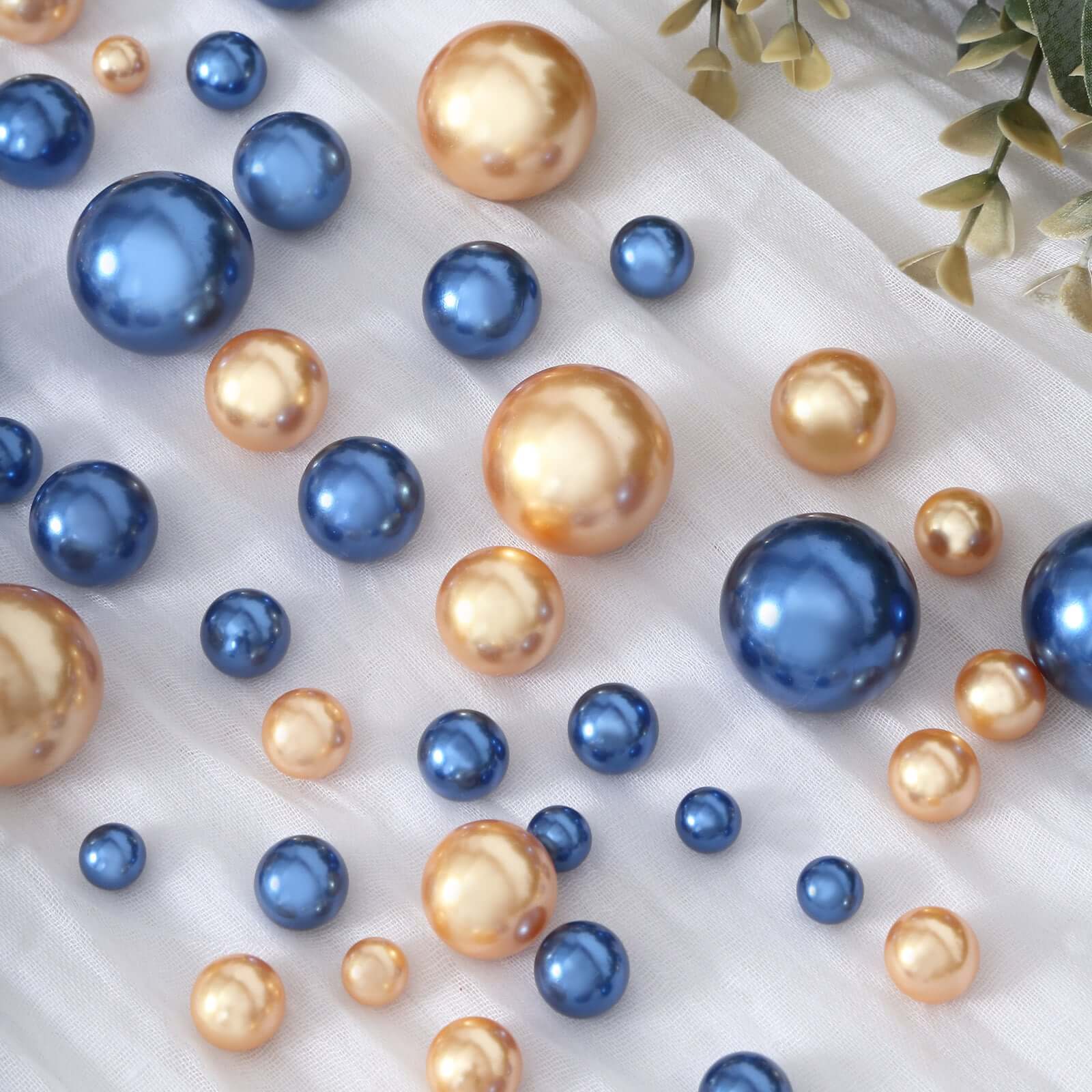 200Pcs Assorted Pearl Beads Vase Fillers in Navy Blue and Gold - Lustrous DIY Craft Bead Set