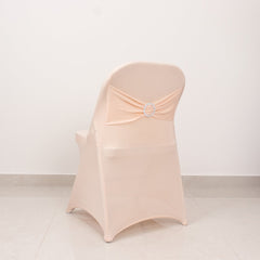 Stretch Spandex Chair Cover Blush for Folding Chairs - Secure Fit Slipcover with Silver Rhinestone Buckled Sash Band