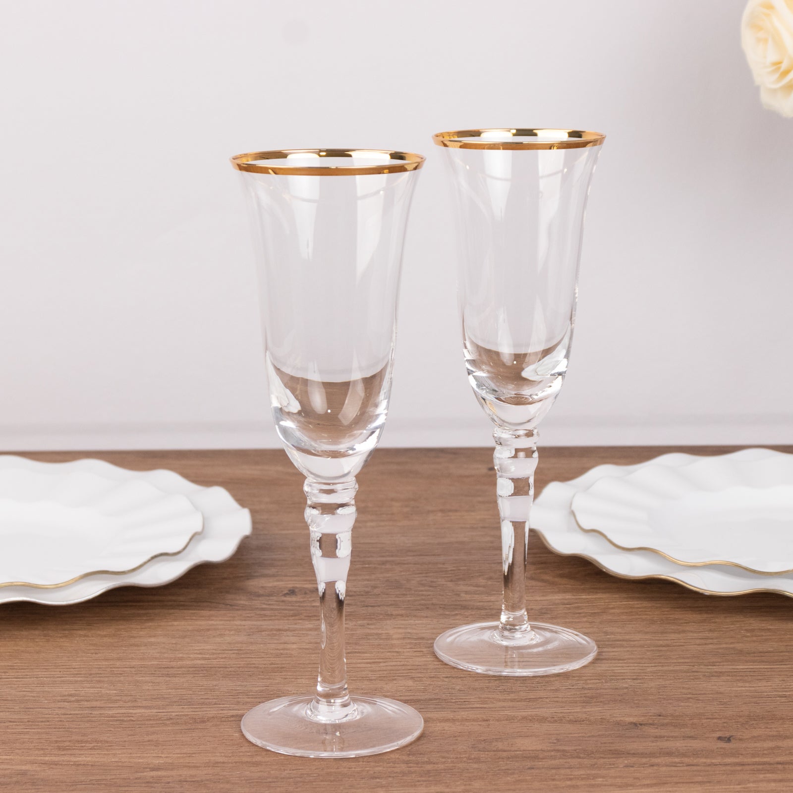 6-Pack Champagne Flute Glasses Clear Gold Rimmed Design with Long Beaded Stem - Chic Crystal Glassware for Wine & Events 6oz 8.5"