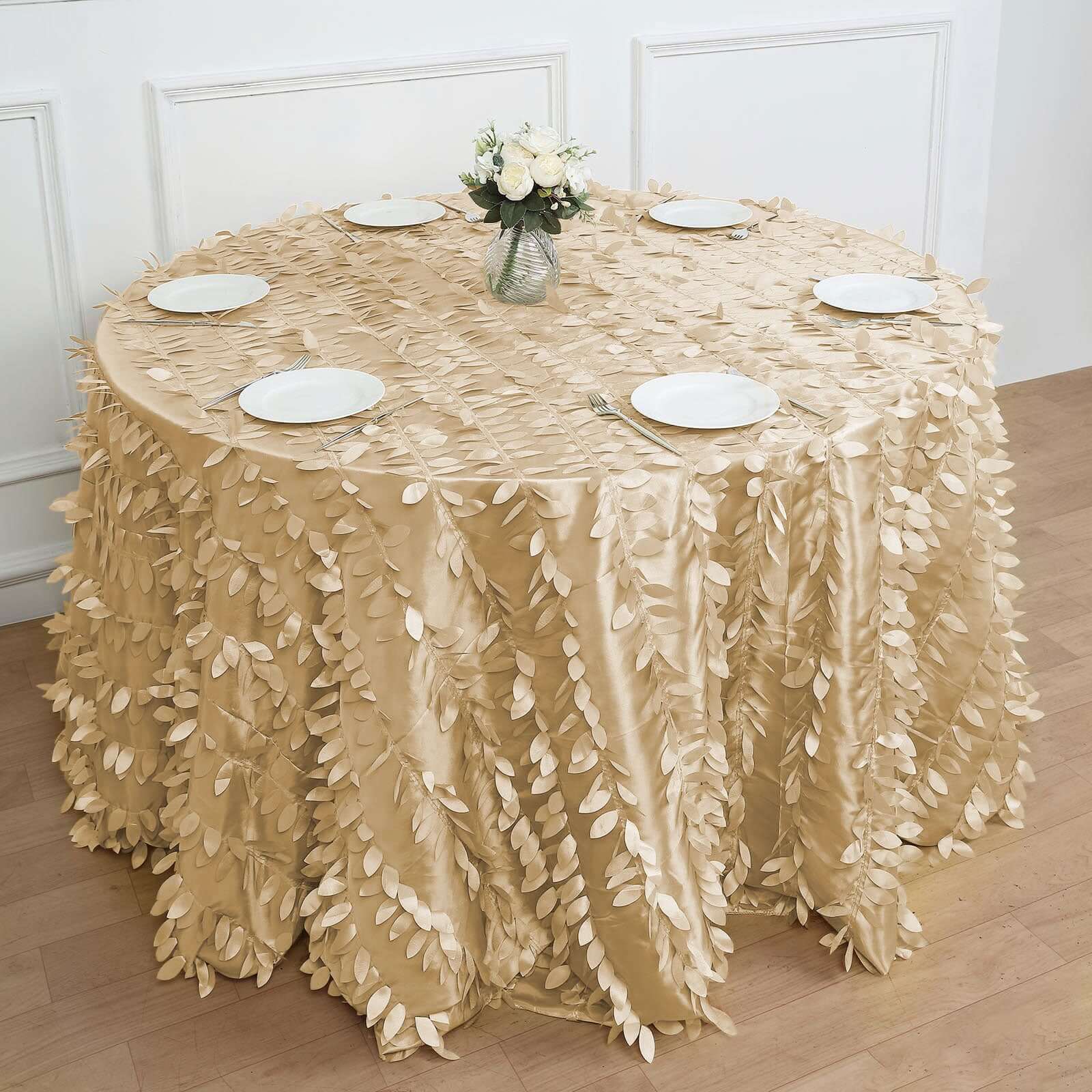 Taffeta 120" Round Tablecloth Champagne | 3D Leaf Petal Design Seamless Table Cover