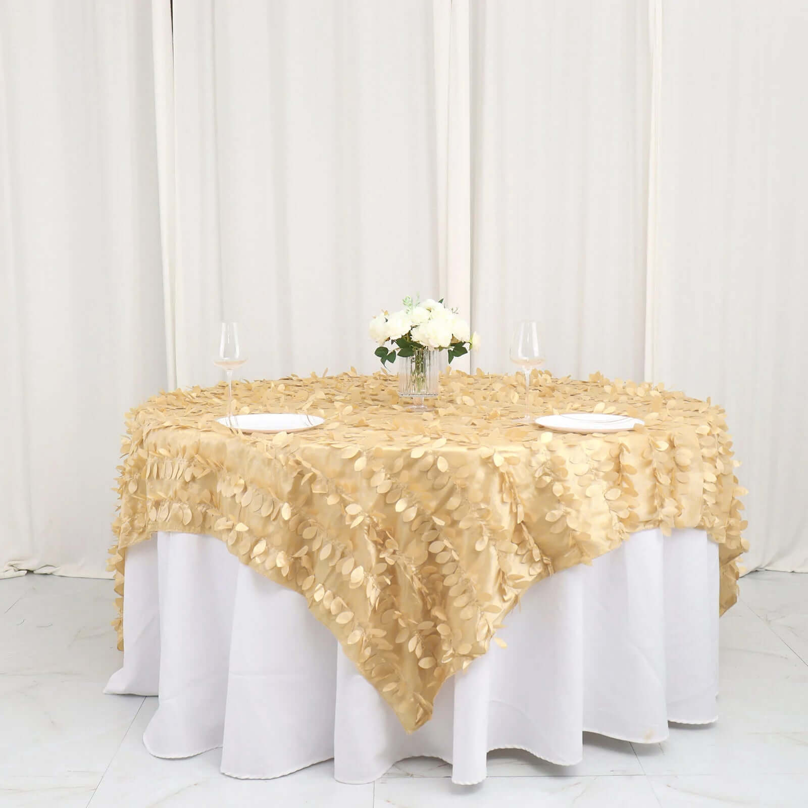 Taffeta 90"x90" Table Overlay Square Tablecloth Champagne - Leaf Petal Design for Stylish Celebrations