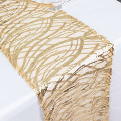 Sequin Mesh 12"x108" Table Runner Champagne Stylish Wave Embroidery