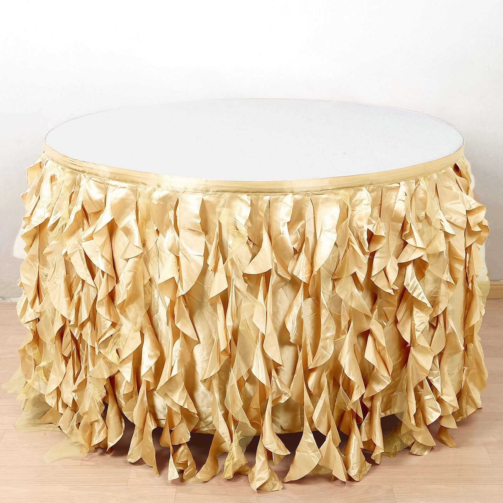 Taffeta 14ft Table Skirt Champagne - Cascading Curly Willow Style Table Cover