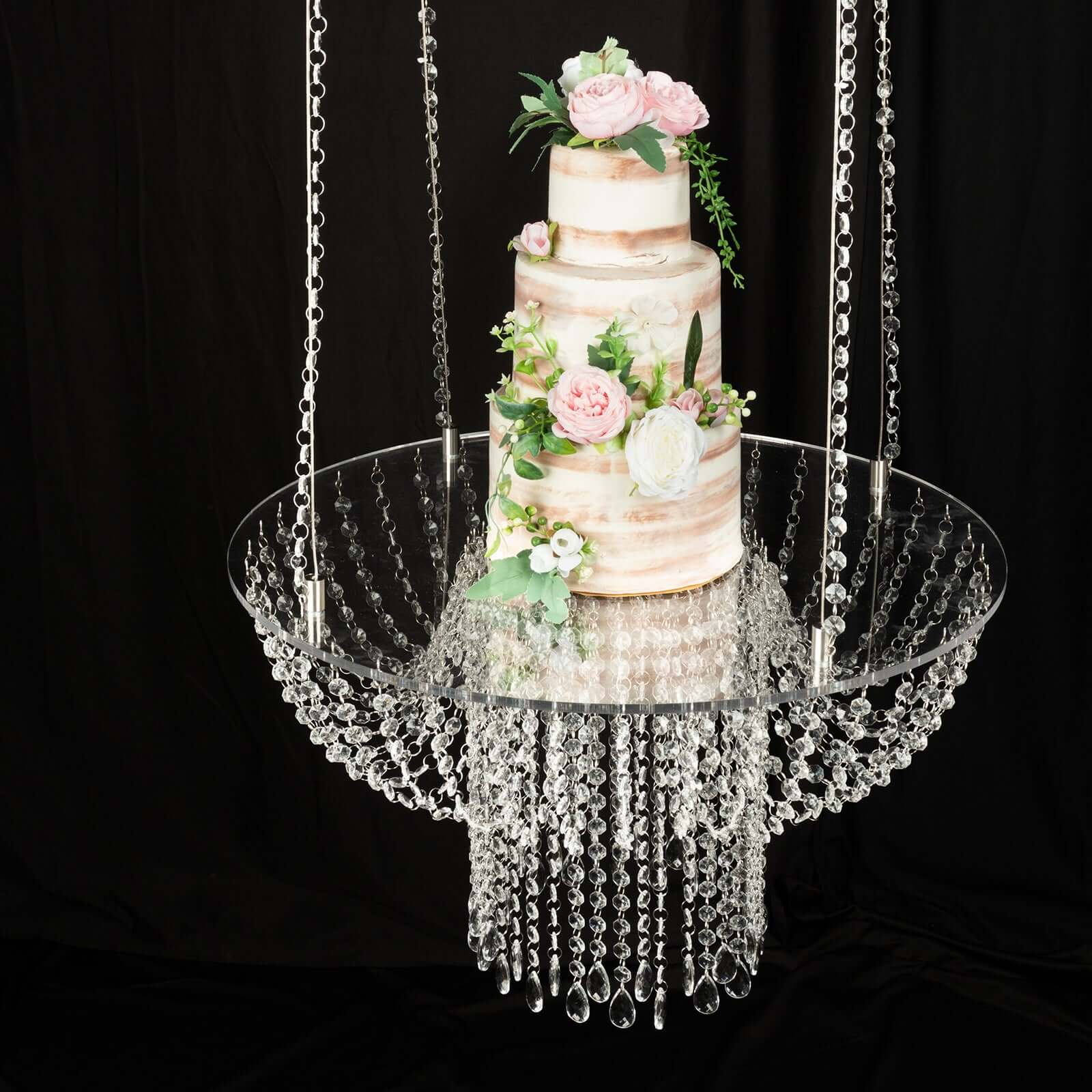 Acrylic Hanging Chandelier Cake Stand with Crystal Drapes - Suspended Round Wedding Cake Swing with 5ft Steel Wire Chains 25"